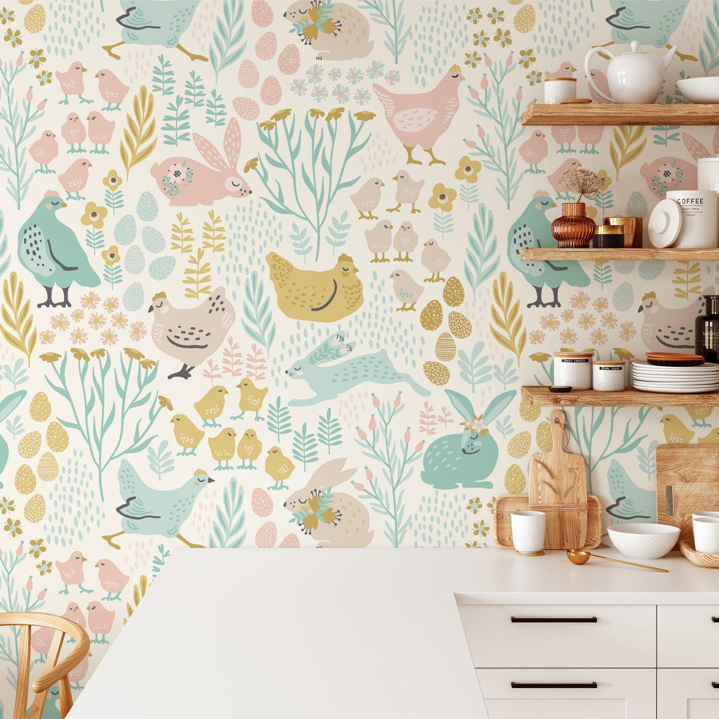 Easter Bunnies and Chicks Egg Pattern Wallpaper, Pastel Animal Themed Kids Room Wall Poster, Illustration Watercolor Girl Wallpaper Nursery