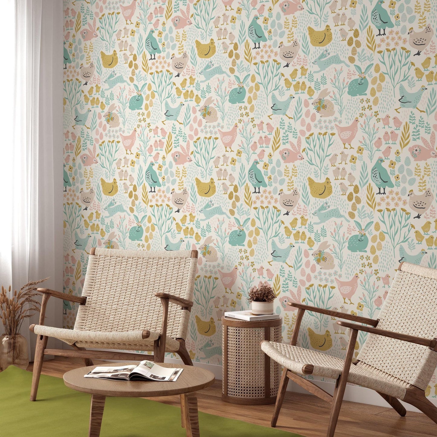 Easter Bunnies and Chicks Egg Pattern Wallpaper, Pastel Animal Themed Kids Room Wall Poster, Illustration Watercolor Girl Wallpaper Nursery