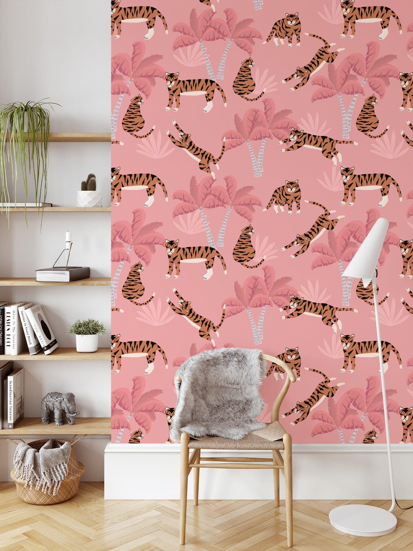 Flat Art Pink Tropical Trees and Tigers Wallpaper, Tropical 3D Wall Poster, Animal Themed Illustration Girl Wallpaper Nursery