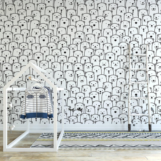 Cute Crowded Bears Line Art Pattern Kids Wallpaper, Cute Baby Room Sketch Wallpaper, Kids Room Wall Poster, Drawwing Wallpaper Nursery