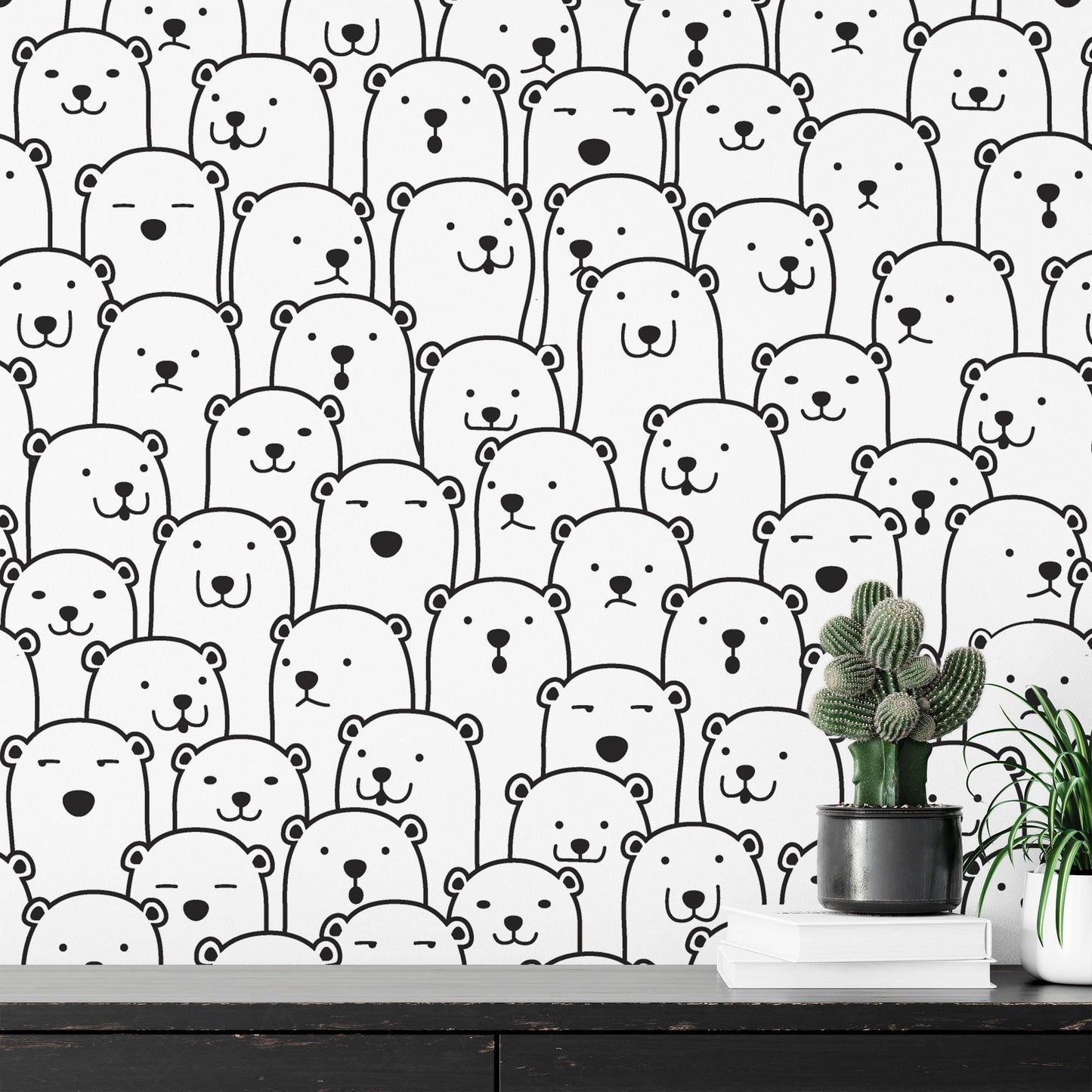Cute Crowded Bears Line Art Pattern Kids Wallpaper, Cute Baby Room Sketch Wallpaper, Kids Room Wall Poster, Drawwing Wallpaper Nursery