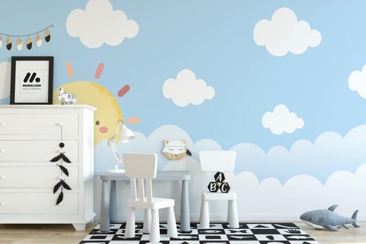 Cute Smiling Sun and Clouds Kids Room Wallpaper, Watercolor Sky and Sun Wallpaper For Kidsroom, Blue Child Wallpaper, Illustration Wallpaper