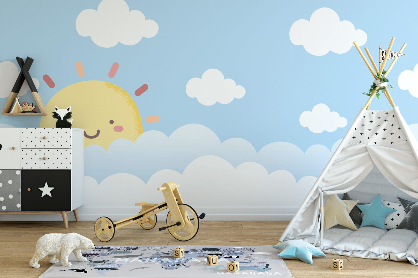 Cute Smiling Sun and Clouds Kids Room Wallpaper, Watercolor Sky and Sun Wallpaper For Kidsroom, Blue Child Wallpaper, Illustration Wallpaper