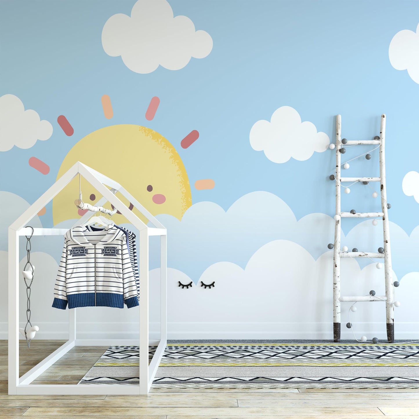 Cute Smiling Sun and Clouds Kids Room Wallpaper, Watercolor Sky and Sun Wallpaper For Kidsroom, Blue Child Wallpaper, Illustration Wallpaper