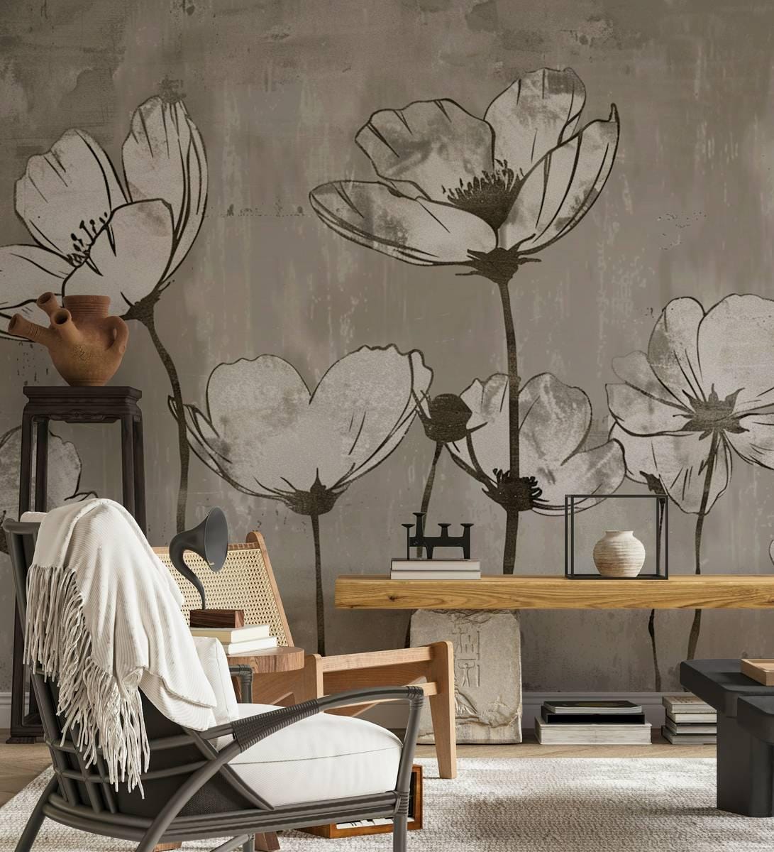 Elegant Dream Wallpaper, Drawwing Flowers Wallpaper, Illustration Wallpaper, Watercolor Wallpaper, Floral Wallpaper, Bohemian Mural