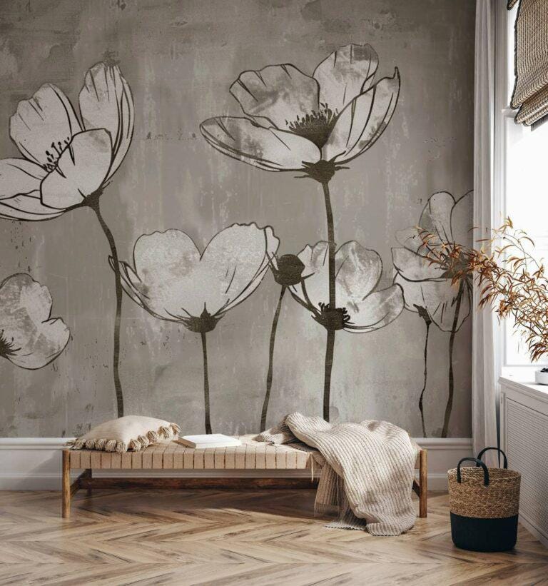 Elegant Dream Wallpaper, Drawwing Flowers Wallpaper, Illustration Wallpaper, Watercolor Wallpaper, Floral Wallpaper, Bohemian Mural