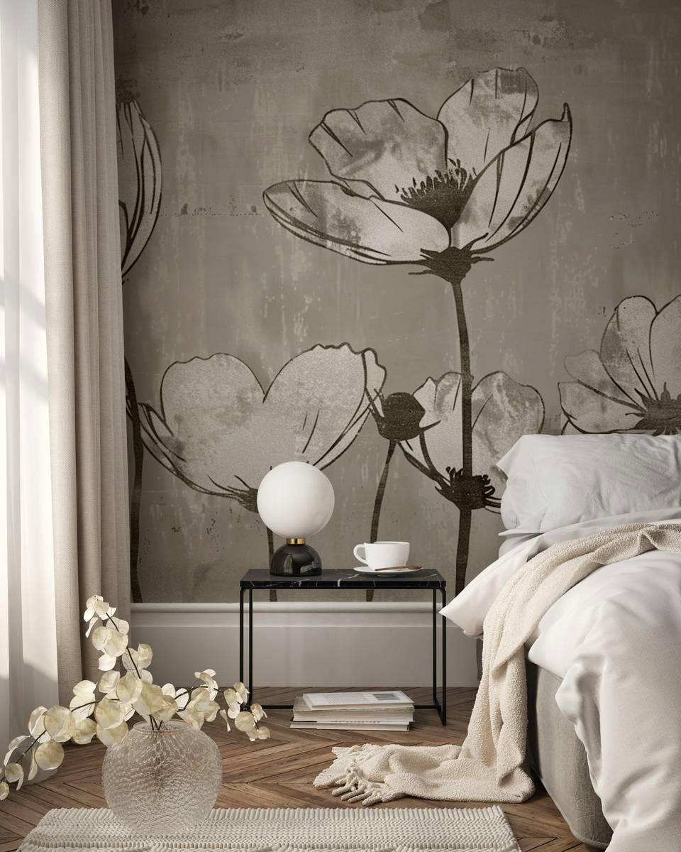 Elegant Dream Wallpaper, Drawwing Flowers Wallpaper, Illustration Wallpaper, Watercolor Wallpaper, Floral Wallpaper, Bohemian Mural