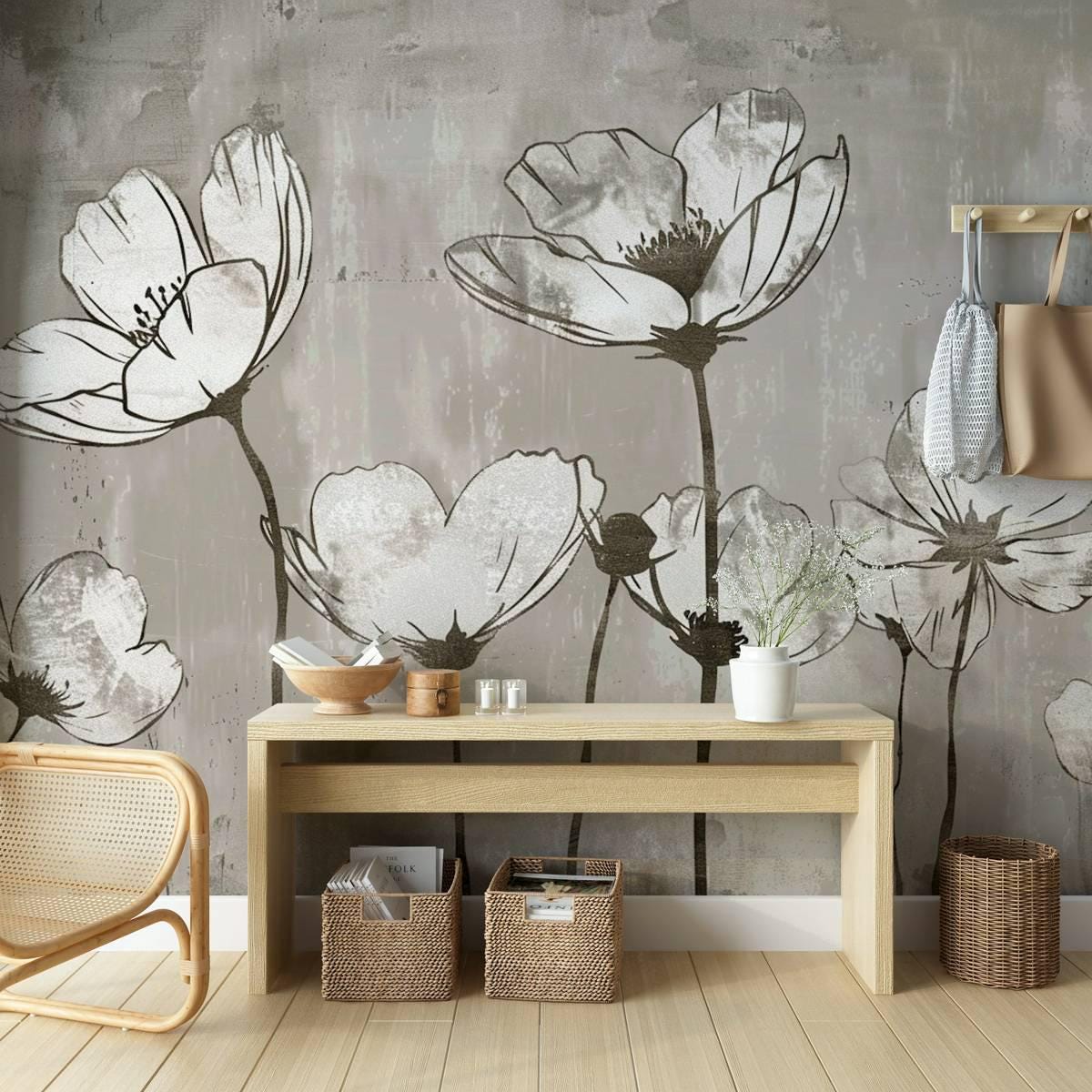 Elegant Dream Wallpaper, Drawwing Flowers Wallpaper, Illustration Wallpaper, Watercolor Wallpaper, Floral Wallpaper, Bohemian Mural