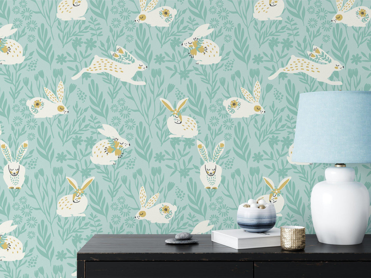 Cute Flat Art Easter Bunnies Kids Wallpaper, Soft Blue Wild Flower Wall Poster, Illustration Watercolor Wall Mural, Blue Wallpaper Nursery
