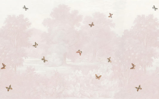 Pink Forest and Butterflies Baby Girl Wallpaper, Sky Wall Poster, Soft Pink Background Baby Room Wallpaper, Illustration Wallpaper Nursery