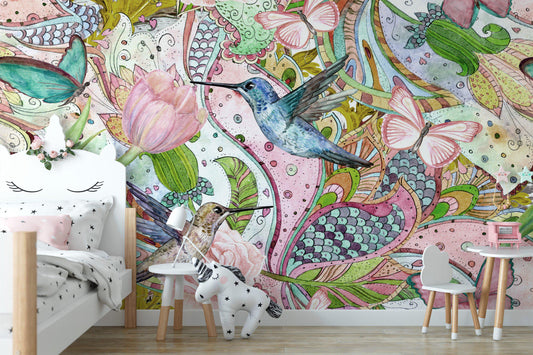 Flowers Tulip Hummingbird Butterflies Wallpaper, Cheerful Colorful Artistic Wall Poster, Illustration Wallpaper, Watercolor Art Wallpaper