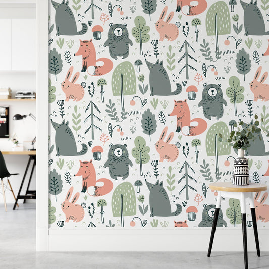 Children's Wallpaper with Fairytale Forest Animals Drawings, Cute Bear and Fox 3D Kids Wall Poster, Cute Baby Wallpaper, Wallpaper Nursery