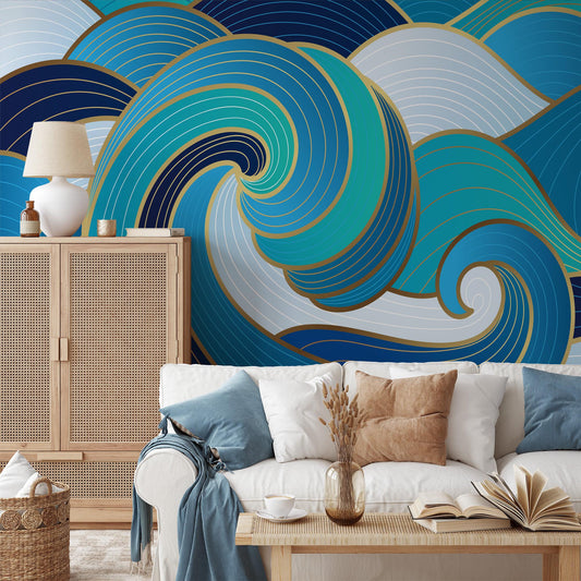 Large Abstract Waves Wallpaper with Blue Shades, Blue And Gold Waves 3D Bathroom Wallpaper, Stylish Modern Artistic Poster, Boho Wallpaper