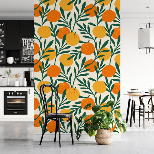 Orange Pattern Wallpaper, Citrus Wall Poster with Vibrant Green Leaves, Illustration Wallpaper, Tangerine Kitchen Mural, Orchard Wallpaper