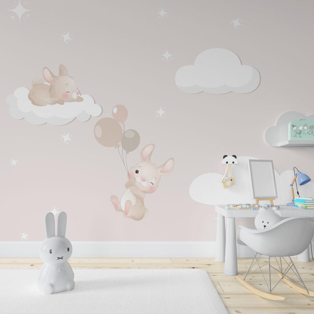 Rabbits Flying with Balloons in the Pink Sky Wallpaper, Cute Animals Wallpaper Nursery, Childrens Wallpaper , Pink Baby Girl Wallpaper