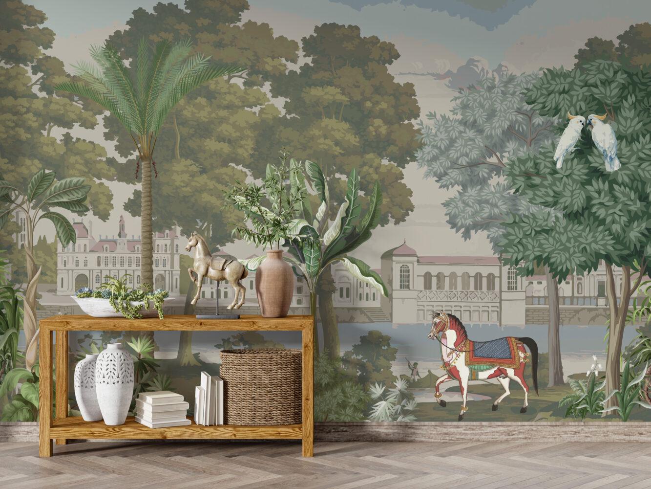 Palace Garden And Mansions Wallpaper, Bohemian Wallpaper, Vintage City Wallpaper, Historical Buildings Wallpaper, Nostalgic Horses Wallpaper