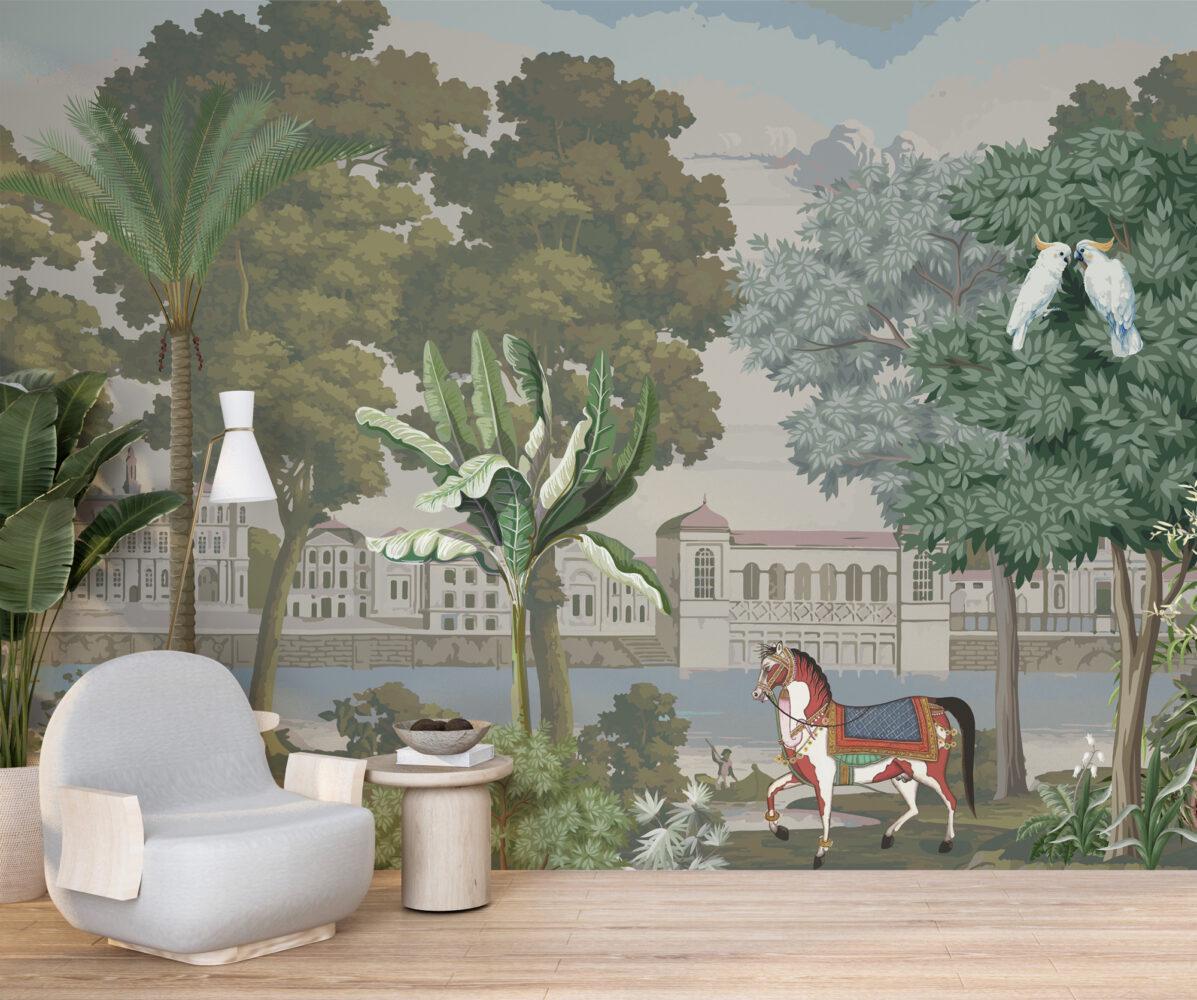 Palace Garden And Mansions Wallpaper, Bohemian Wallpaper, Vintage City Wallpaper, Historical Buildings Wallpaper, Nostalgic Horses Wallpaper