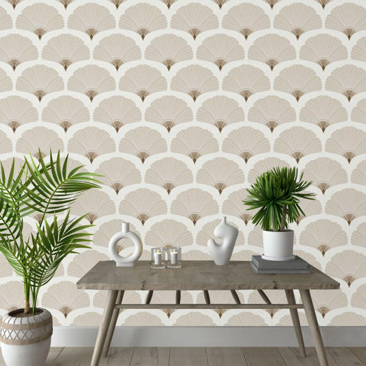Beige Fan Pattern Wallpaper, Shaped Wallpaper, Elegance Peel and Stick Wallpaper, Stylish Room Design, Bright Color Wallpaper
