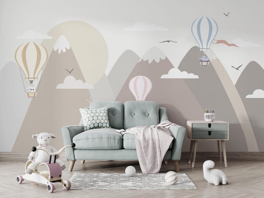 Children's Wallpaper with Cute Animals Flying in Balloons and Mountain Pattern in Light Tones, Illustration Watercolor Fun Wallpaper Nursery