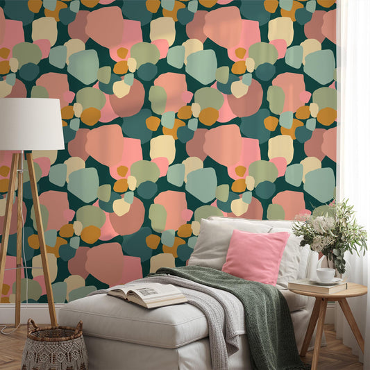 Abstract Exotic Pebbles Wallpaper, Soft Pastel Geometric 3D Wallpaper, Boho Style Pattern Wallpaper, Watercolor Colorful Wallpaper
