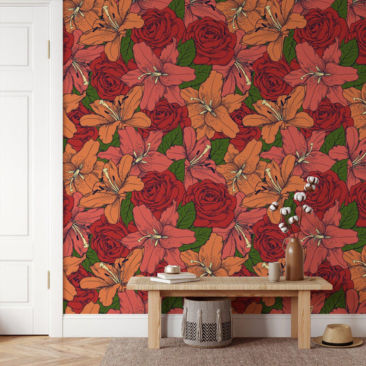 Colorful Retro Striped Red Roses and Flowers Wallpaper, Vivid Rose and Lily Flower Wall Poster, Drawwing Illustration Garden Wallpaper