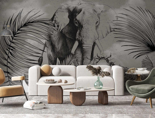 Black and White Elephant Pattern Wallpaper, Tropical Forest Wallpaper, Rainforest Wallpaper, Exotic Plant Floral Wallpaper