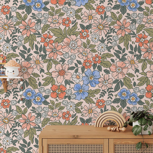 Tiny Little Flowers Wallpaper, Colourful Floral Wallpaper Nursery, Bloom Baby Girl Wallpaper, Illustration Kids Wallpaper