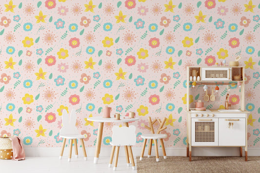 Abstract Colorful Flowers Baby Girl Wallpaper, Floral Kidsroom Wall Poster, Mini Flowers Wallpaper,Illustration Watercolor Wallpaper Nursery