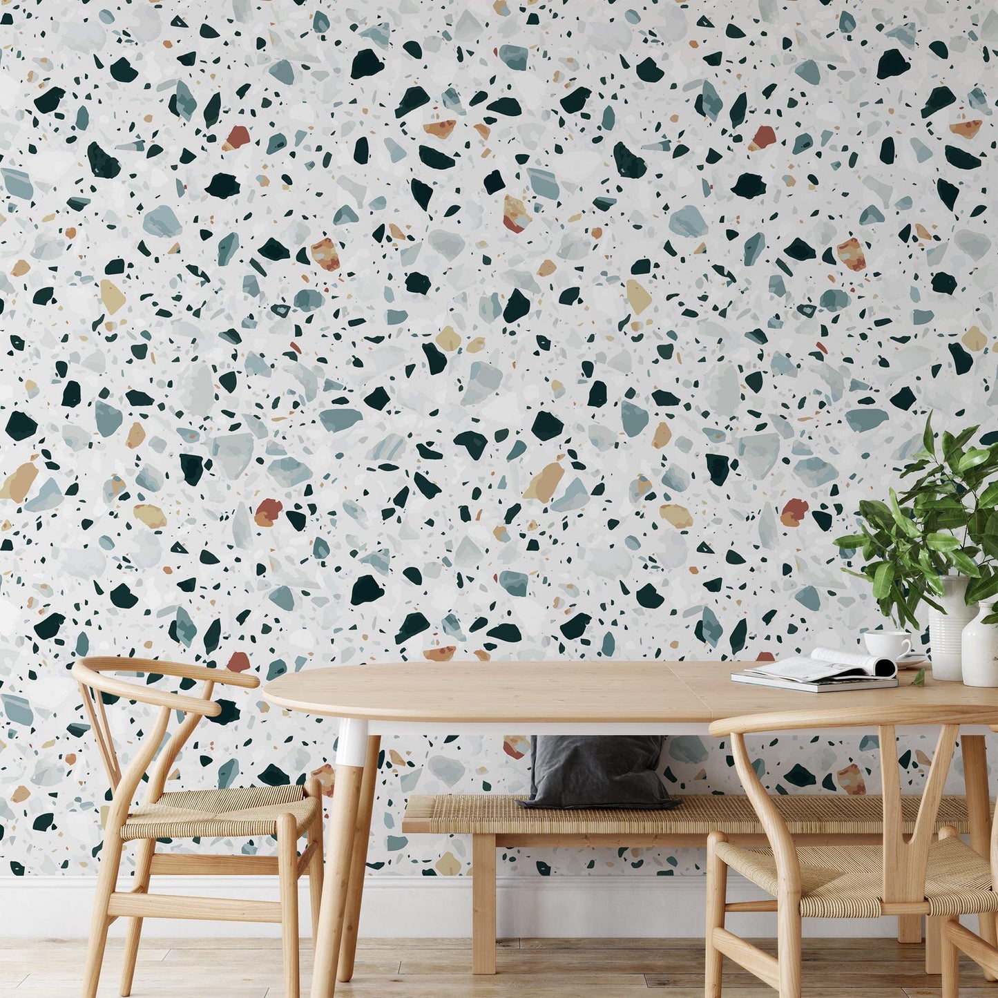 Modern Terrazzo Wallpaper, Small Colored Stone Patterns Kids Wallpaper on White Background, Wallpaper Nursery, Colourful Baby Room Wallpaper