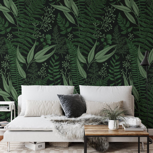 Dark Green Natural Leaves Wallpaper on Black Background, Mystical Forest Leaves Wall Poster Illustration Botanical Garden Plants Wallpaper