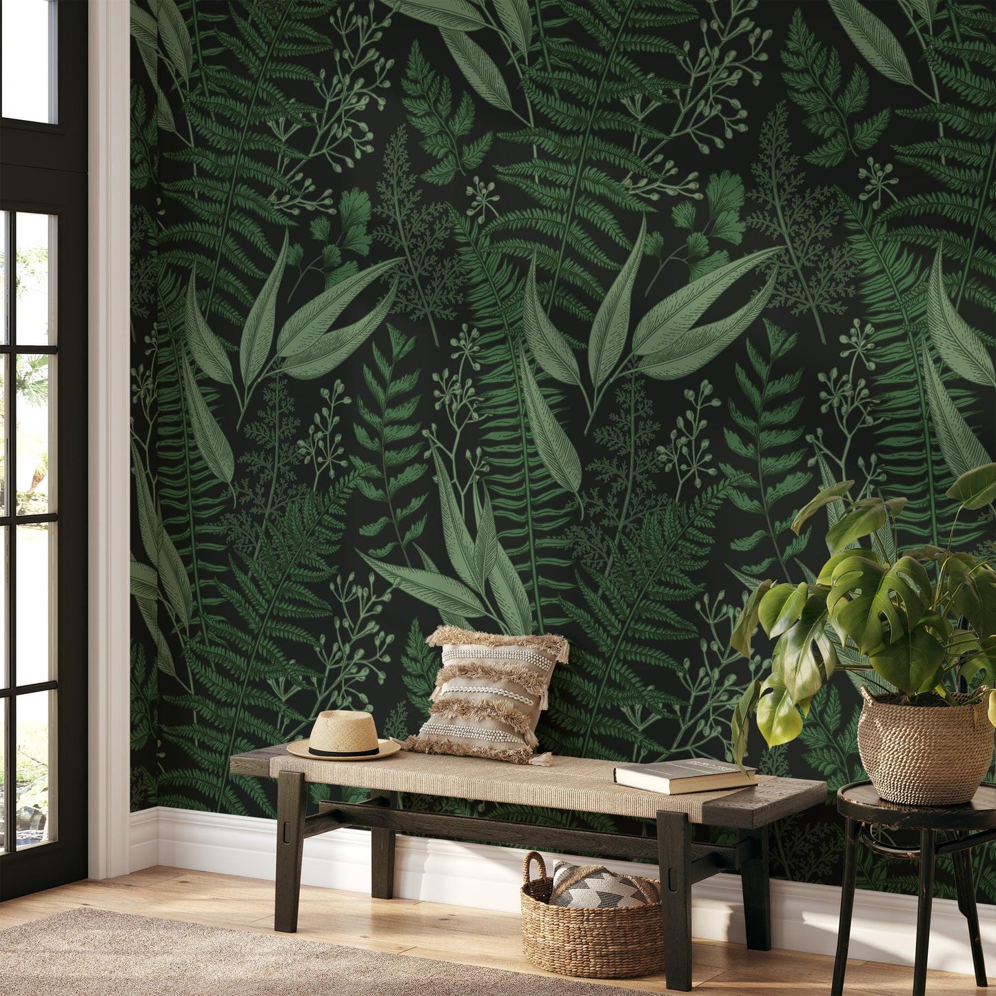 Dark Green Natural Leaves Wallpaper on Black Background, Mystical Forest Leaves Wall Poster Illustration Botanical Garden Plants Wallpaper