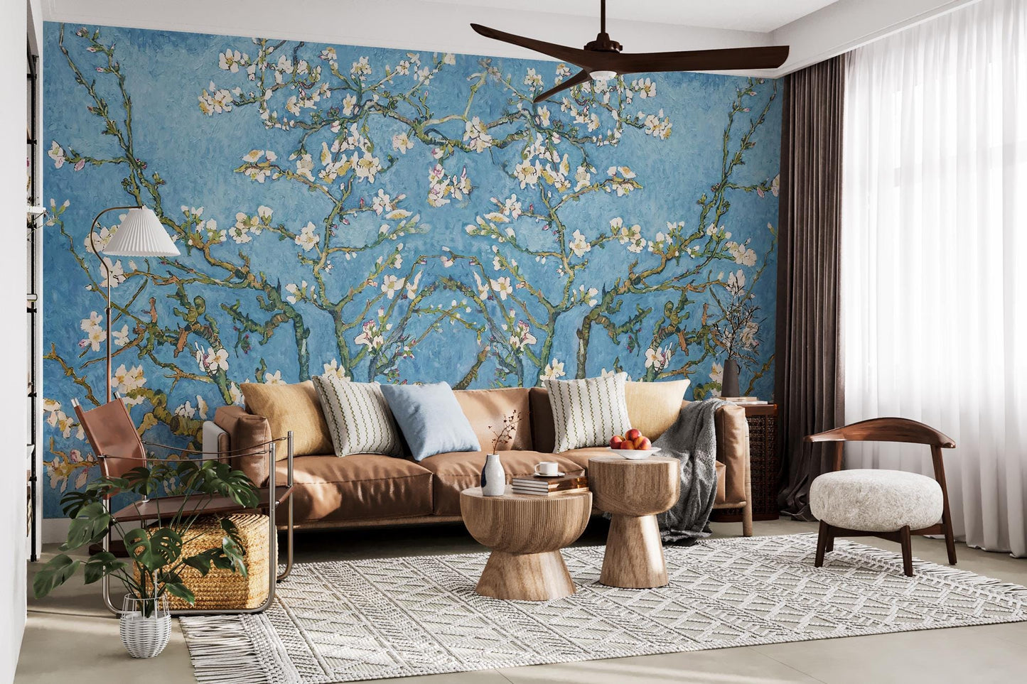 Almond Tree with Spring Flowers Wallpaper, Floral Wallpaper, Romantic Wall Mural, Peel and Stick Wallpaper, illustration Drawing Wallpaper