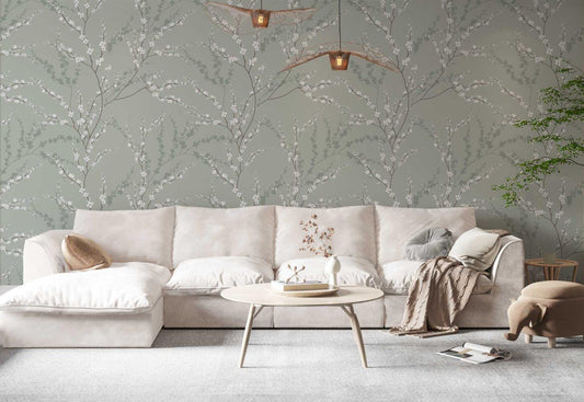 Vintage Floral Spring Branch Wallpaper, Green Wallpaper, Flowers Wallpaper, Romantic Wall Mural, Peel and Stick Wallpaper, Drawing Wallpaper