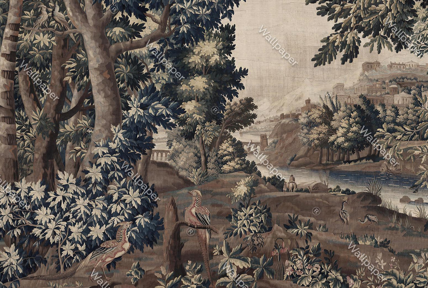 Forest River and Birds Cityscape Wallpaper, Trees Wallpaper, Bohemian Wall Mural, Natural Wall Peel and Stick Wallpaper, Mystic Room Design