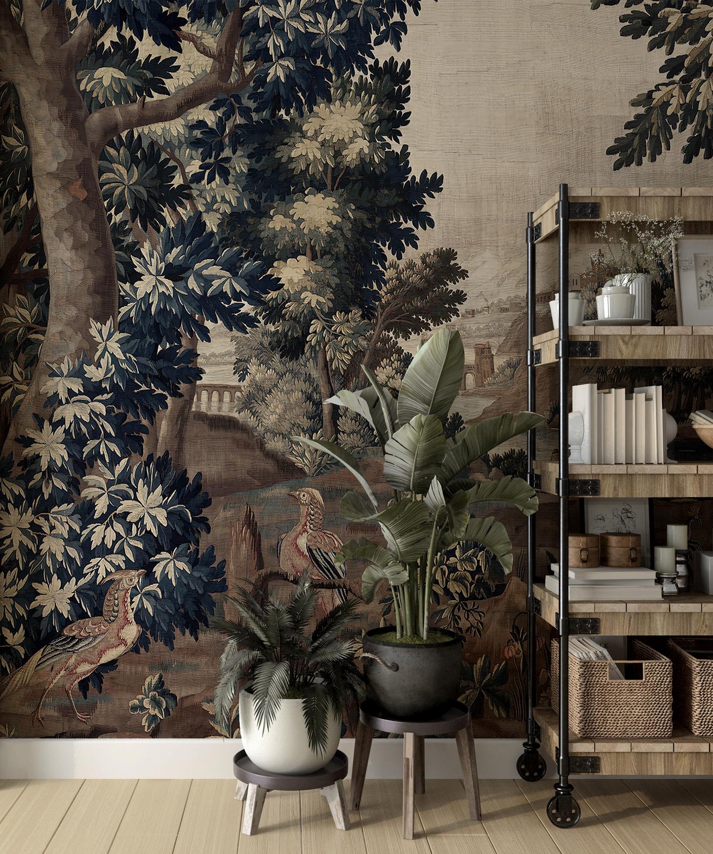 Forest River and Birds Cityscape Wallpaper, Trees Wallpaper, Bohemian Wall Mural, Natural Wall Peel and Stick Wallpaper, Mystic Room Design