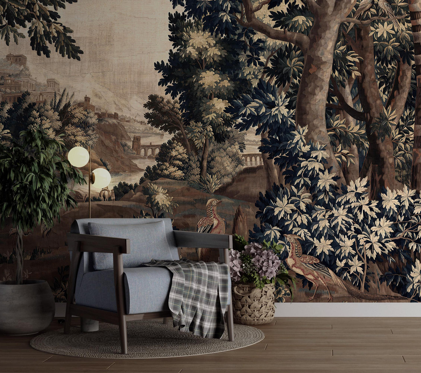 Forest River and Birds Cityscape Wallpaper, Trees Wallpaper, Bohemian Wall Mural, Natural Wall Peel and Stick Wallpaper, Mystic Room Design