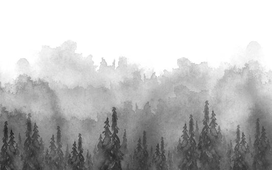 Misty Forest Watercolor Technique Wallpaper, Gray Wallpaper, Bohemian Wall Mural, Cool Peel and Stick Wallpaper, Dark Stylish Room Design