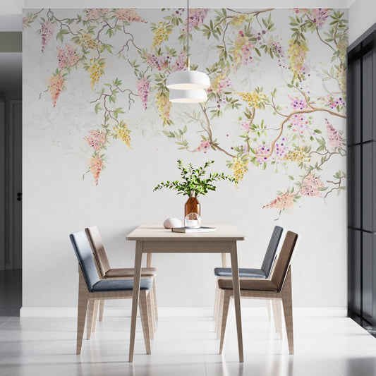 Wisteria Flower Tree Wallpaper, Floral Wallpaper, Colourful Romantic Wall Mural, Peel and Stick Wallpaper, Spring Themed Drawing Wallpaper