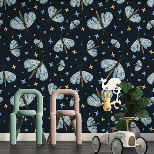 Butterfly and Stars Wallpaper on dark blue background, Peel and Stick Wallpaper, Stylish Room Design, Modern Abstract Pattern Wallpaper