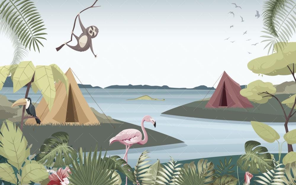 Lakeside Campsite Wallpaper, 3D Children Wallpaper, illustration Wallpaper Nursery, Flamingo Monkey Parrot Wallpaper, Watercolor Kid's Mural