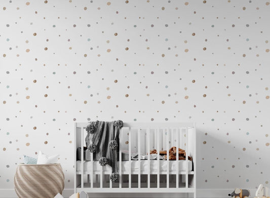 Children's Wallpaper with Colorful Polka Dot Pattern on a White Background, Child Wallpaper, Bright Wallpaper Nursery, Baby Room Wallpaper