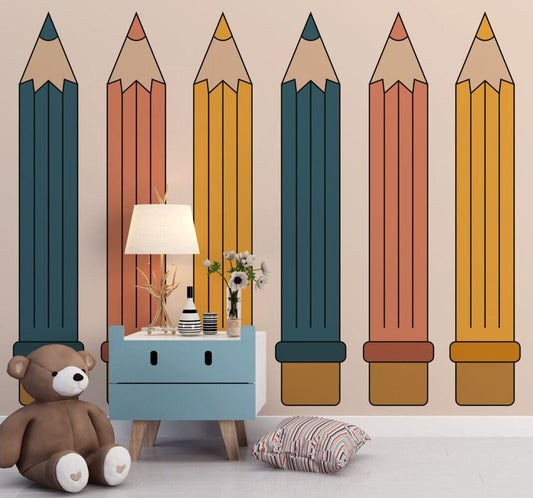 Colored Pencils Wallpaper for Nursery, Child Wallpaper, Pleasant School Wallpaper, Baby Room Wallpaper, Funy Wallpaper for Playgrounds