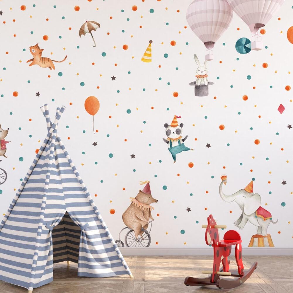Circus Animals Patterned Wallpaper For Kidsroom, Cute Party Animals Wallpaper Nursery, Childrens Wallpaper, Peel and Stick Baby Wallpaper