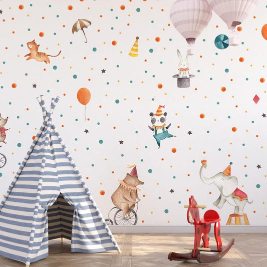Circus Animals Patterned Wallpaper For Kidsroom, Cute Party Animals Wallpaper Nursery, Childrens Wallpaper, Peel and Stick Baby Wallpaper