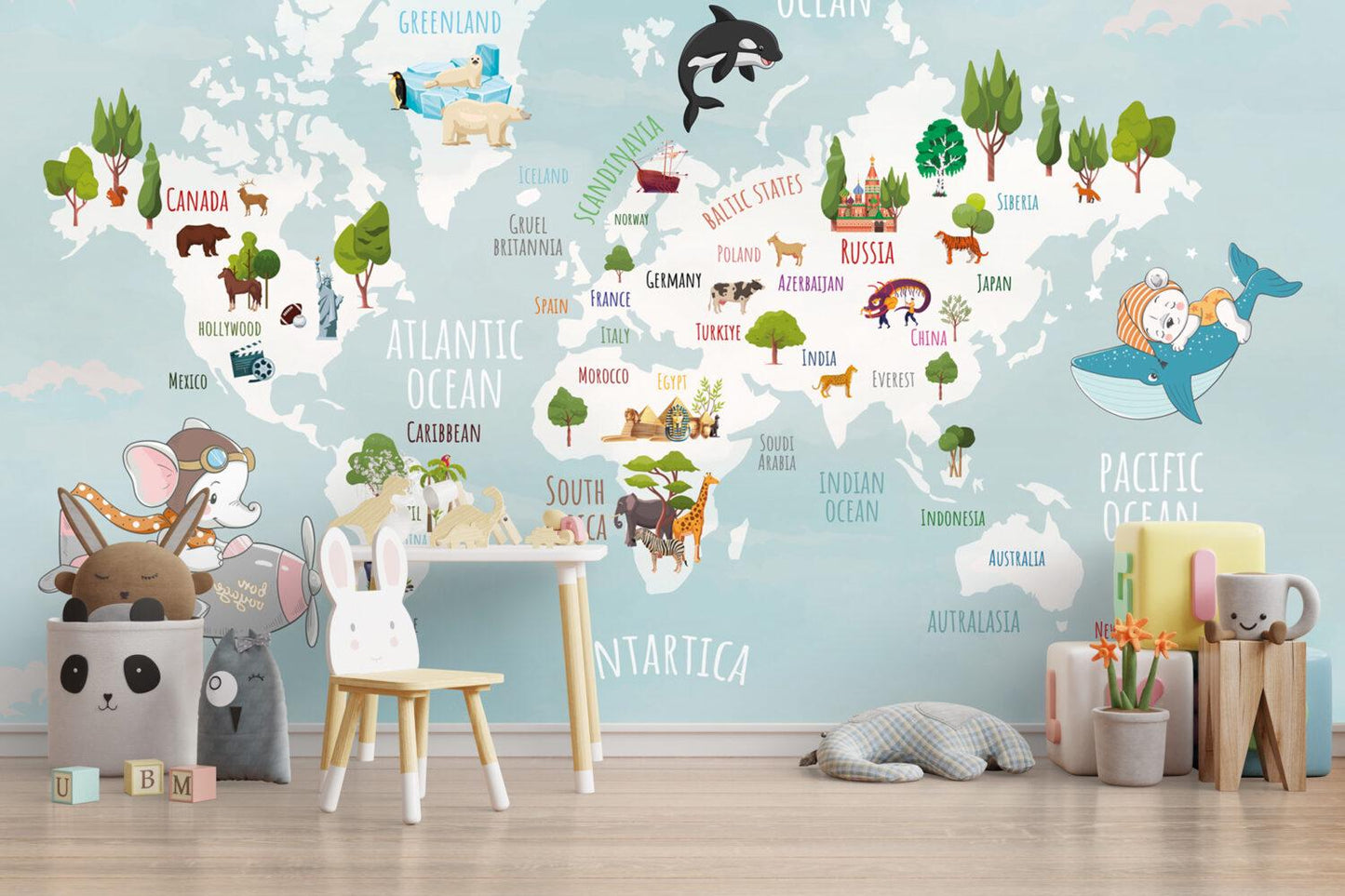 3D Wallpaper with Children's Map with Animals on Turquoise Background, Children Wallpaper , Peel and Stick Wallpaper Nursery, Baby Wallpaper