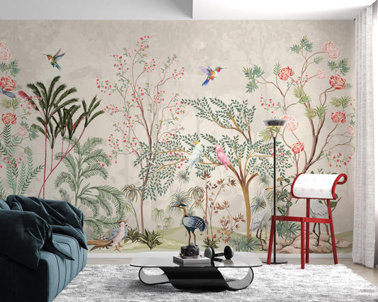 Flowering Trees and Rosewood Wallpaper, Exotic Botany Wallpaper, Romantic Wall Mural, Peel and Stick Wallpaper, Birds Drawing Wallpaper