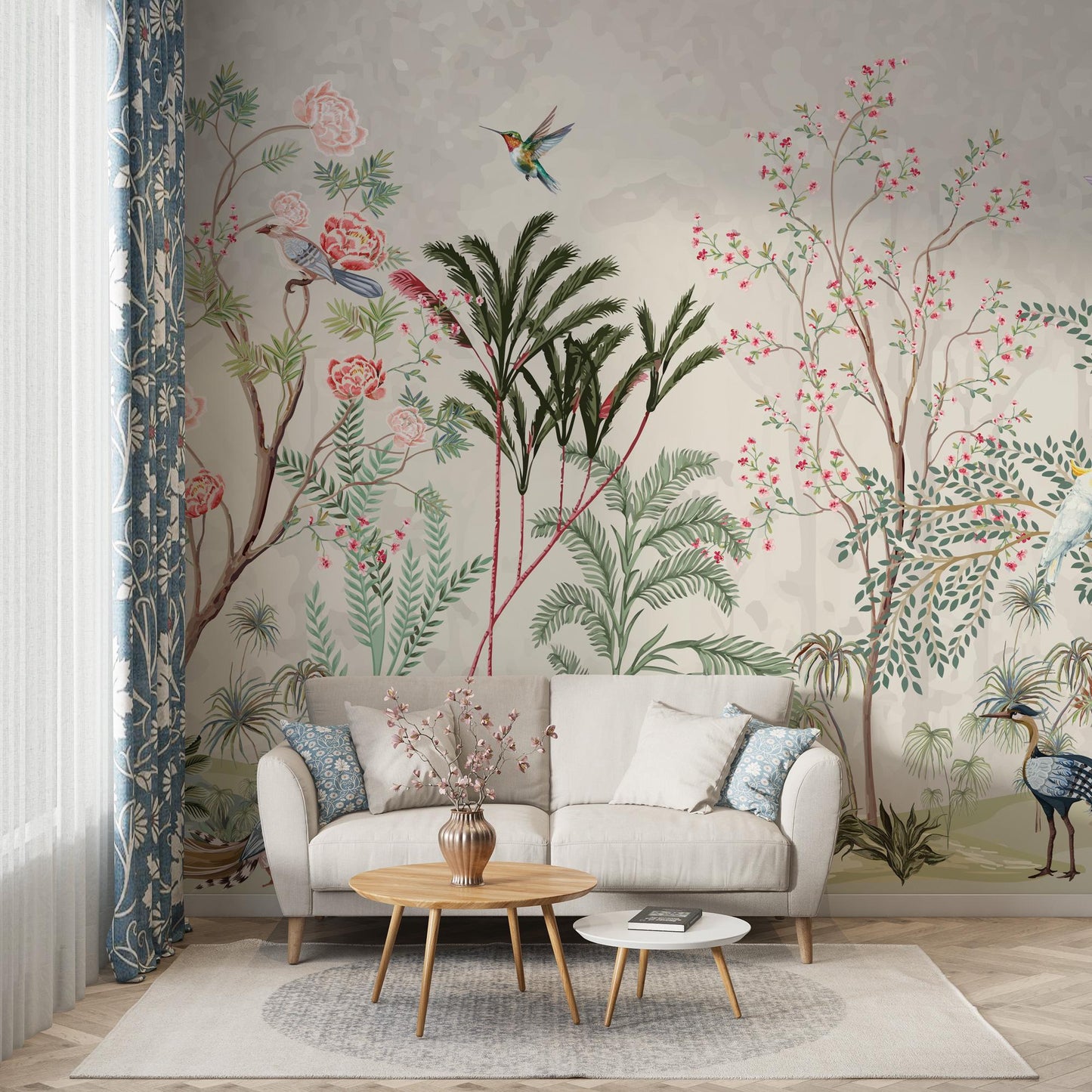 Flowering Trees and Rosewood Wallpaper, Exotic Botany Wallpaper, Romantic Wall Mural, Peel and Stick Wallpaper, Birds Drawing Wallpaper