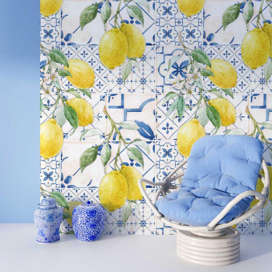 Tile and Lemon Flowers Wallpaper, Floral Wallpaper, Romantic Wall Mural, Peel and Stick Orchard Wallpaper, illustration Drawing Wallpaper