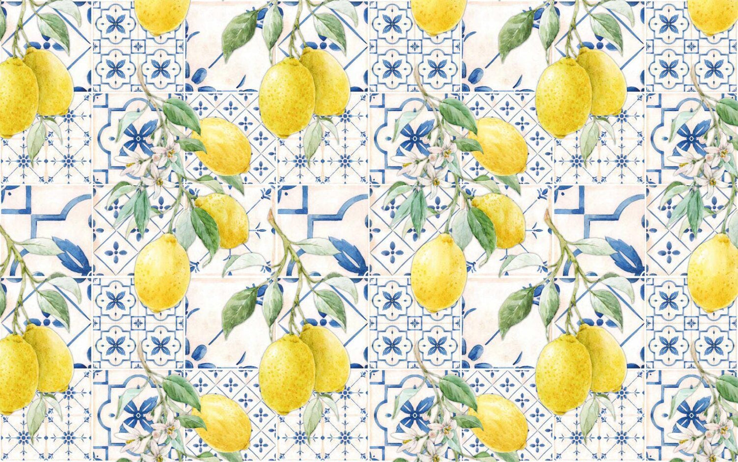 Tile and Lemon Flowers Wallpaper, Floral Wallpaper, Romantic Wall Mural, Peel and Stick Orchard Wallpaper, illustration Drawing Wallpaper