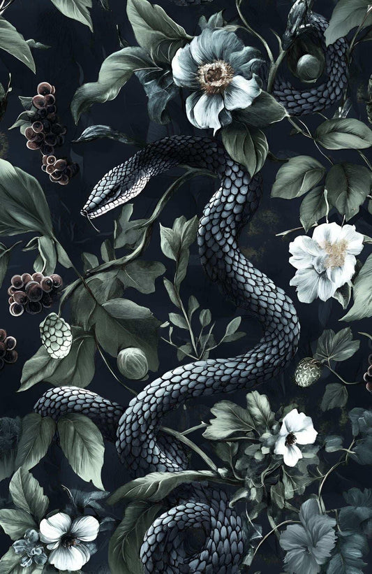 Dark Botanical wallpaper Secret Garden at Night, Snakes and Flowers, Exotic Plants, Black background Wallpaper, Leather Look Wallpaper